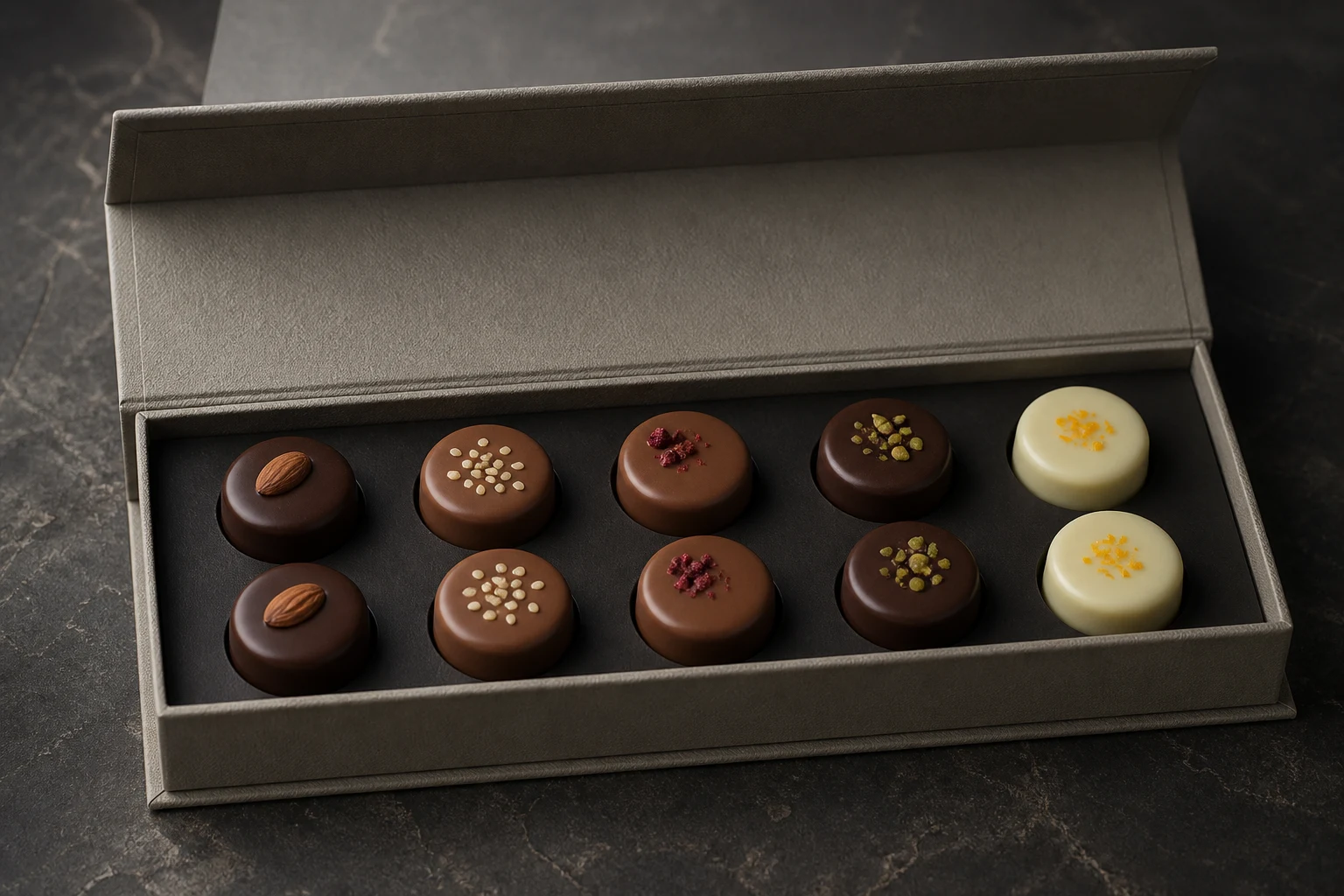 En åben LØV-æske med 10 håndlavede fyldte chokolader fordelt på fem par